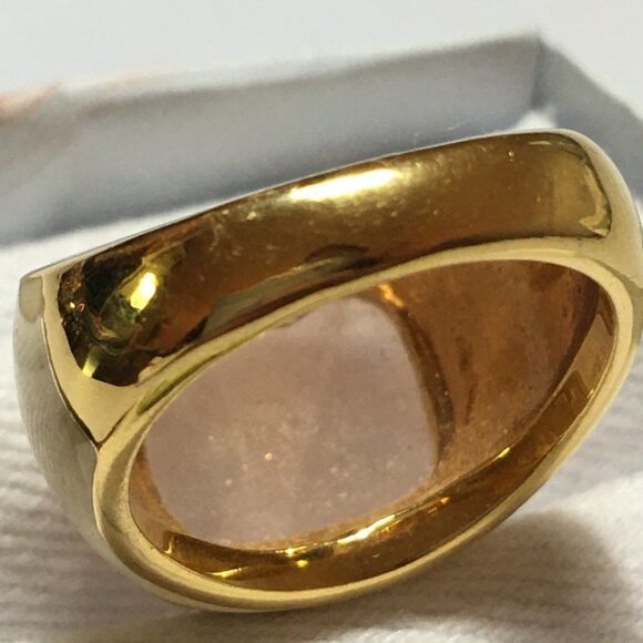 Vintage Rose Quartz Ring Gold Tone Cream Enamel Wide Band Size 7 - Picture 9 of 12
